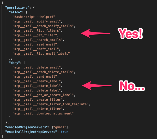 Allow/deny list for the Gmail MCP