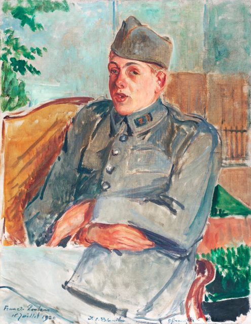 Oil portrait of a man in a grey military uniform and cap, seated with his hands folded
