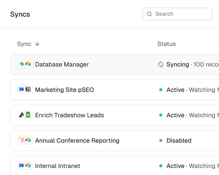Product UI listing several syncs with status labels such as Syncing, Active, and Disabled