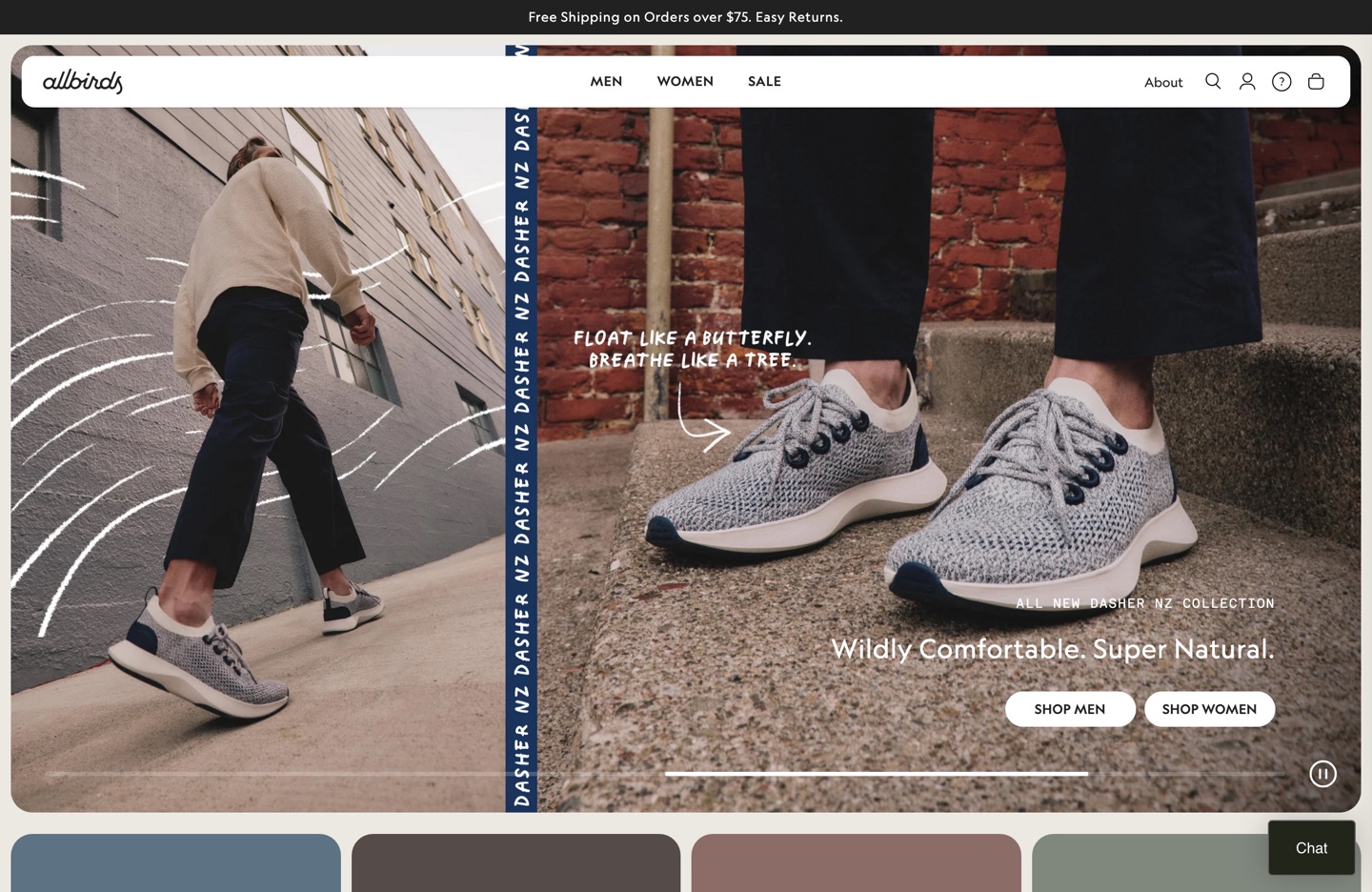 Allbirds homepage: a product-first split hero foregrounding the shoe