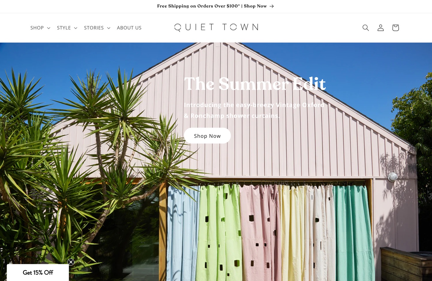 Quiet Town homepage: editorial photography and restrained type on a customized Dawn theme