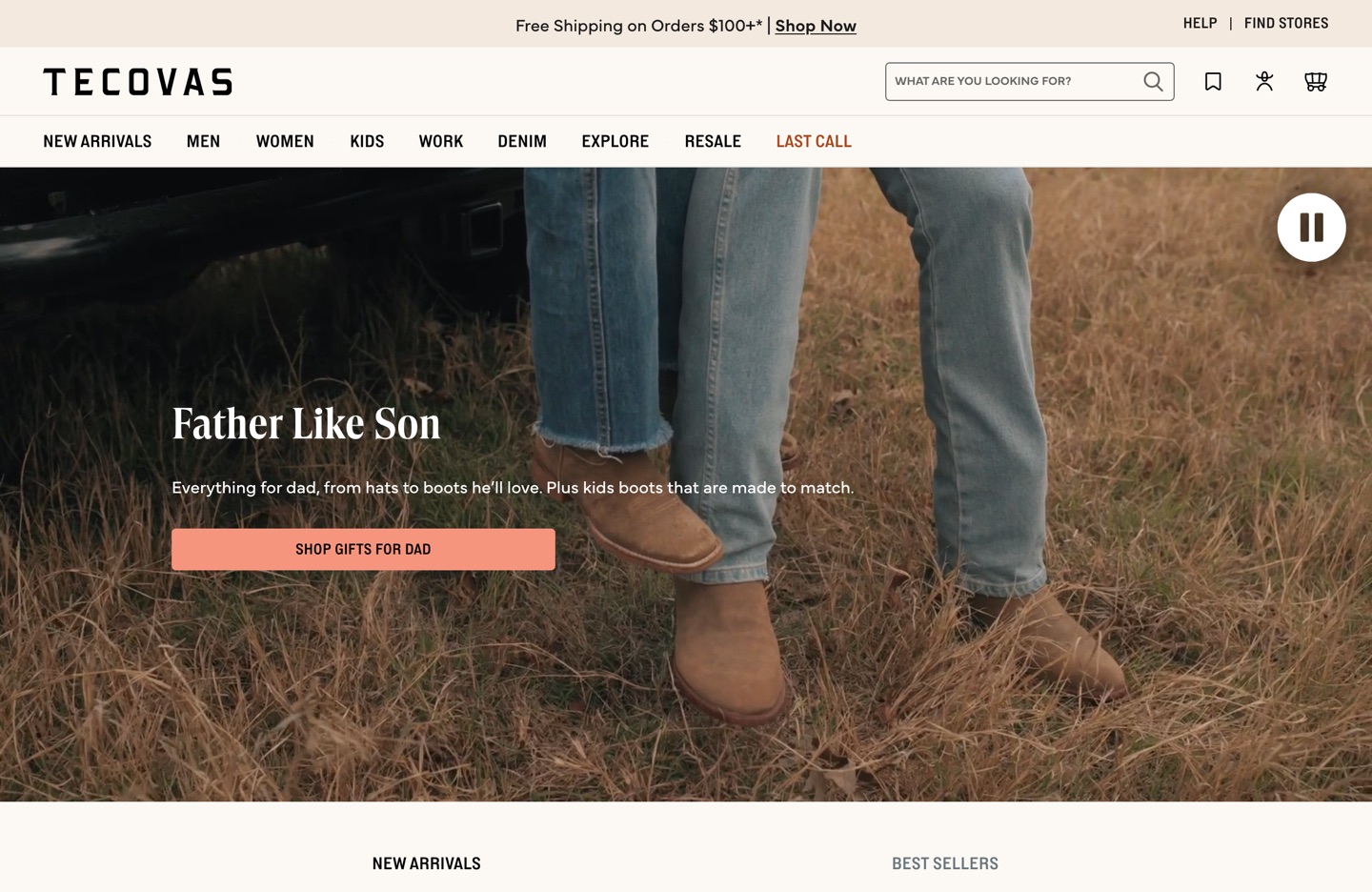 Tecovas homepage: a single editorial hero over a full-bleed lifestyle photo