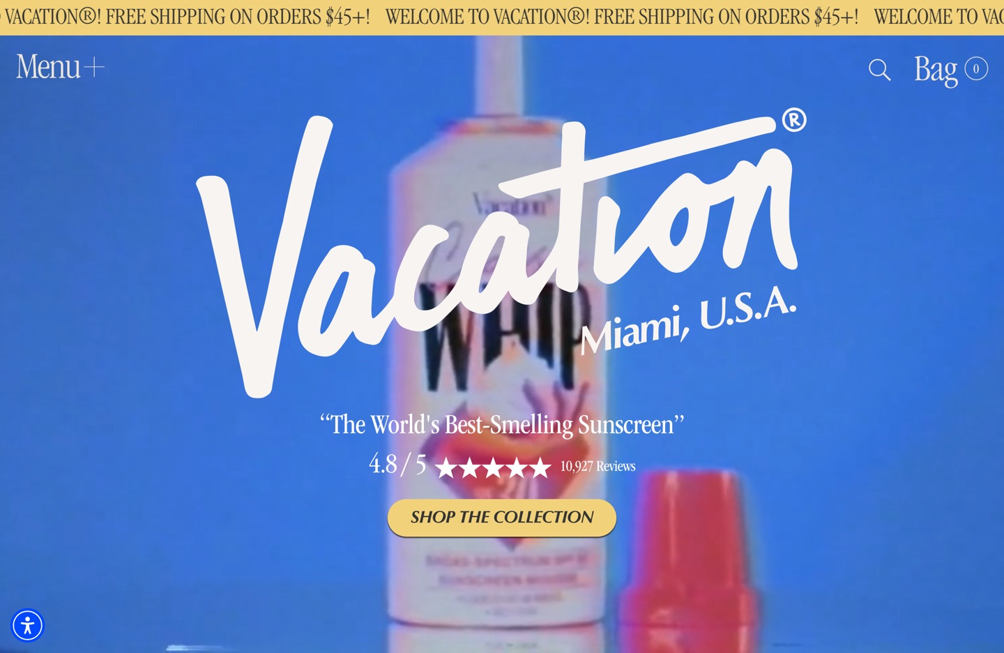 Vacation homepage: one bold retro hero with rating and review count under a single CTA